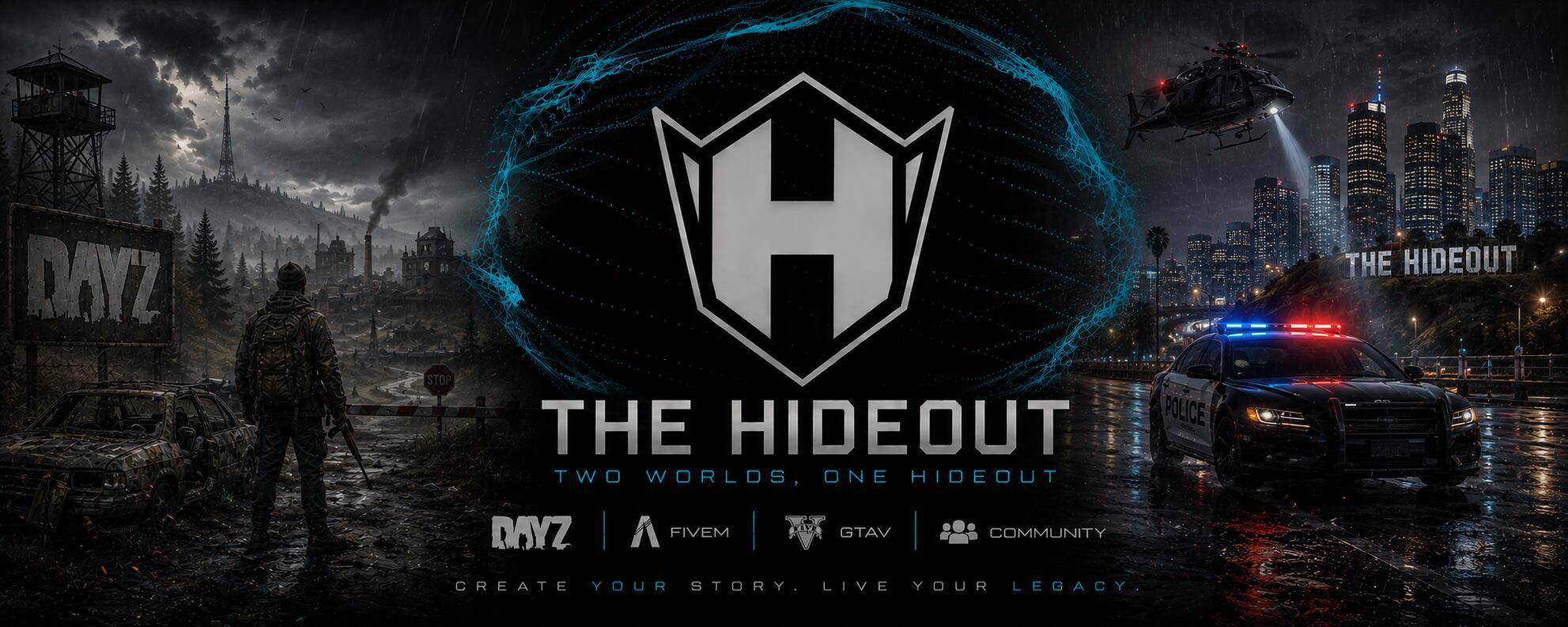 Discovery splash banner for THE HIDEOUT Discord server