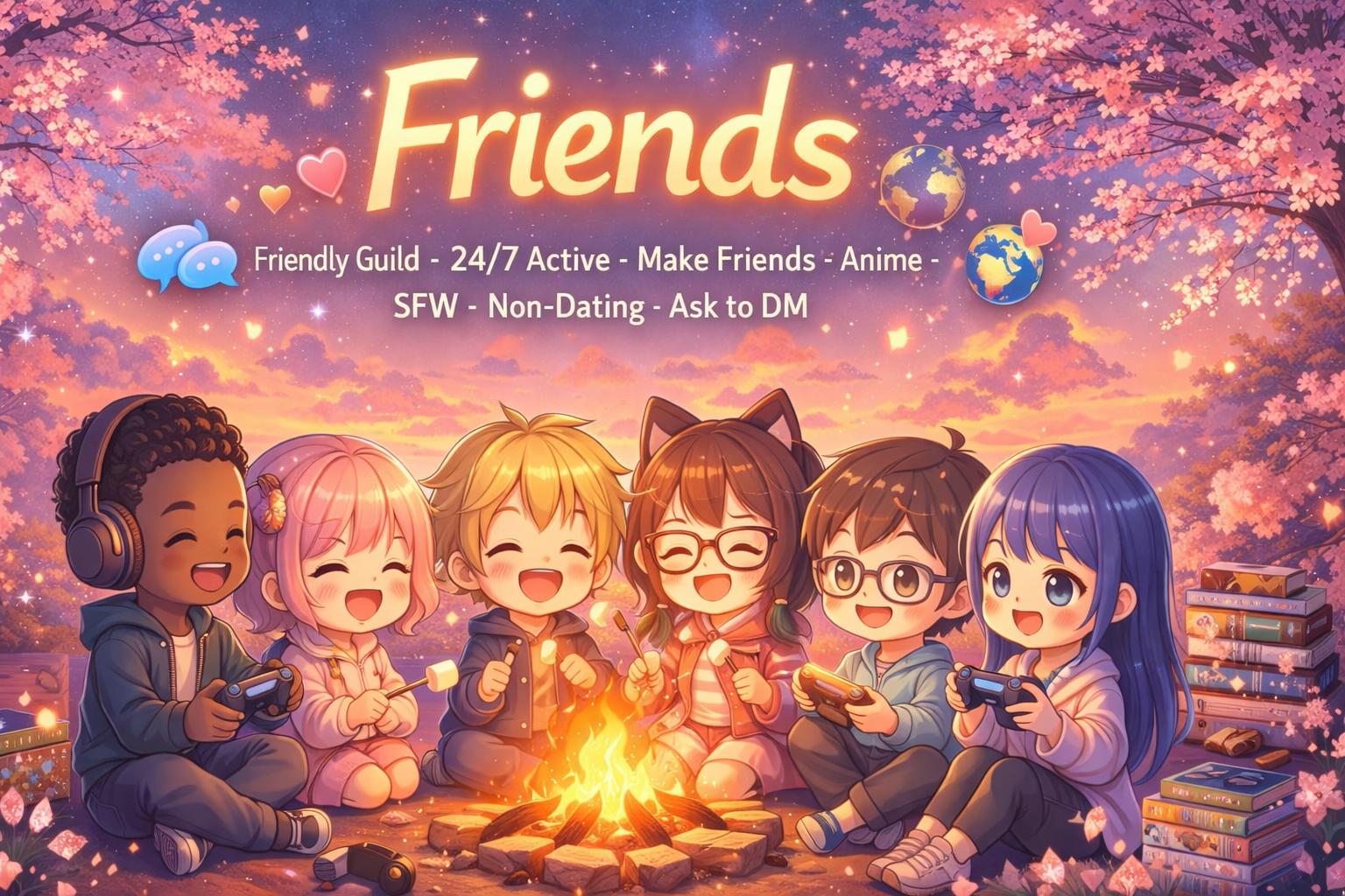 Discovery splash banner for Friends | Friendly ⋅ Guild ⋅ 24/7 Active ⋅ Make Friends ⋅ Anime ⋅ non dating ⋅ asktodm ⋅ sfw Discord server